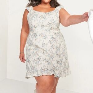 OLD NAVY Fit And Flare Puff-Sleeve Cream And Blue Floral Mini Dress Size 3X